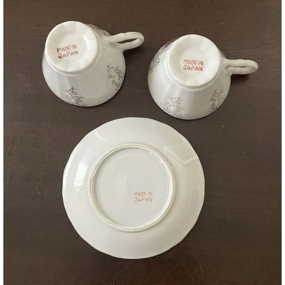 Vintage Courting Couple Demitasse 2 Cups 1 Saucer Set Japan Gold Accent